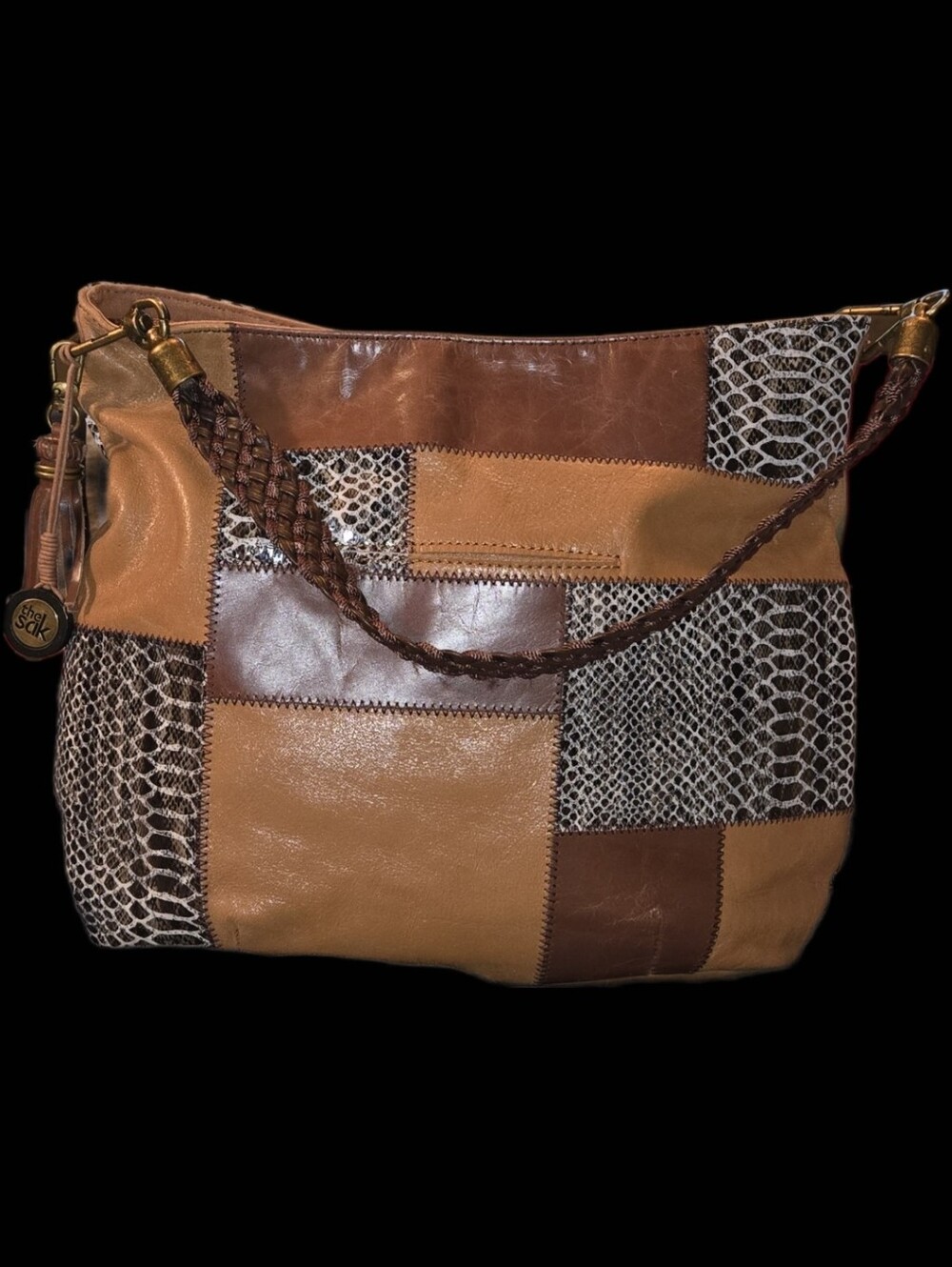 The Sak Indio Leather Snakeskin Patchwork Hobo Bag - Brown/Tan Boho